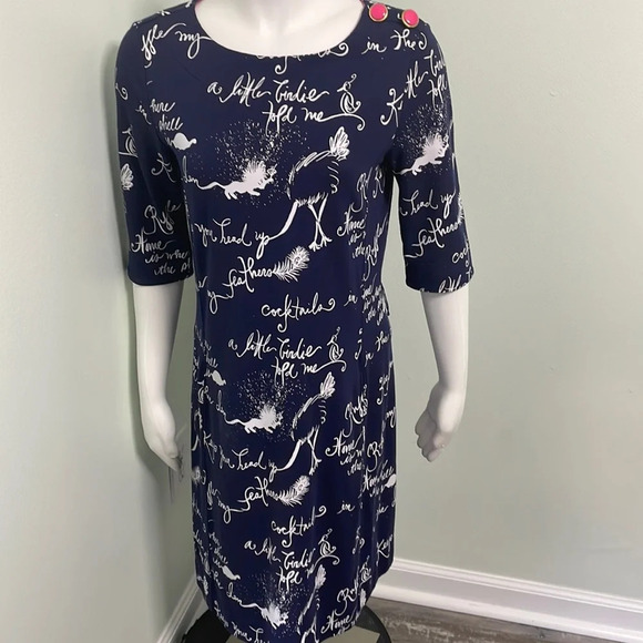 Lilly Pulitzer Navy Blue Pink Ruffle My Feather Script Print Dress Size Small - Picture 1 of 10